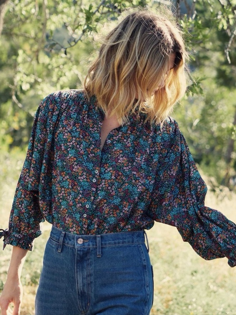 Doen Rose Top in Navy Lady Bird Floral Size XS Blouse Cottagecore Prairie Boho